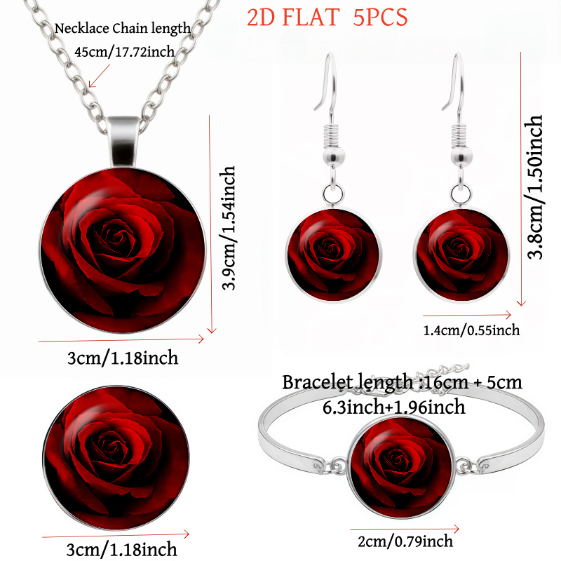 Red Rose-Themed Women's Necklace, Earrings, Brooch, Bracelet Set